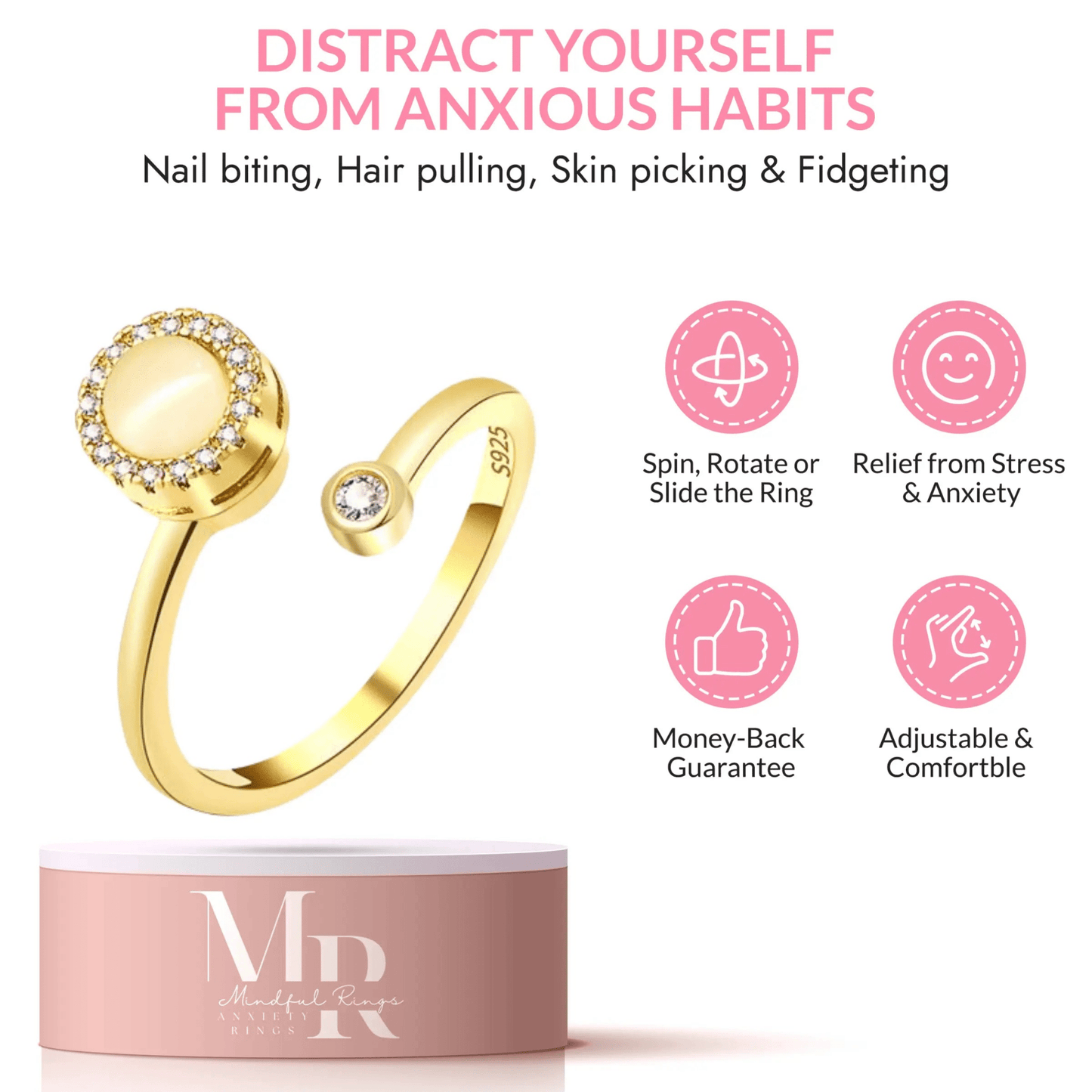 The Moonstone Collection - Gold Plated Moonstone Fidget Spinner Ring - Mindful Rings