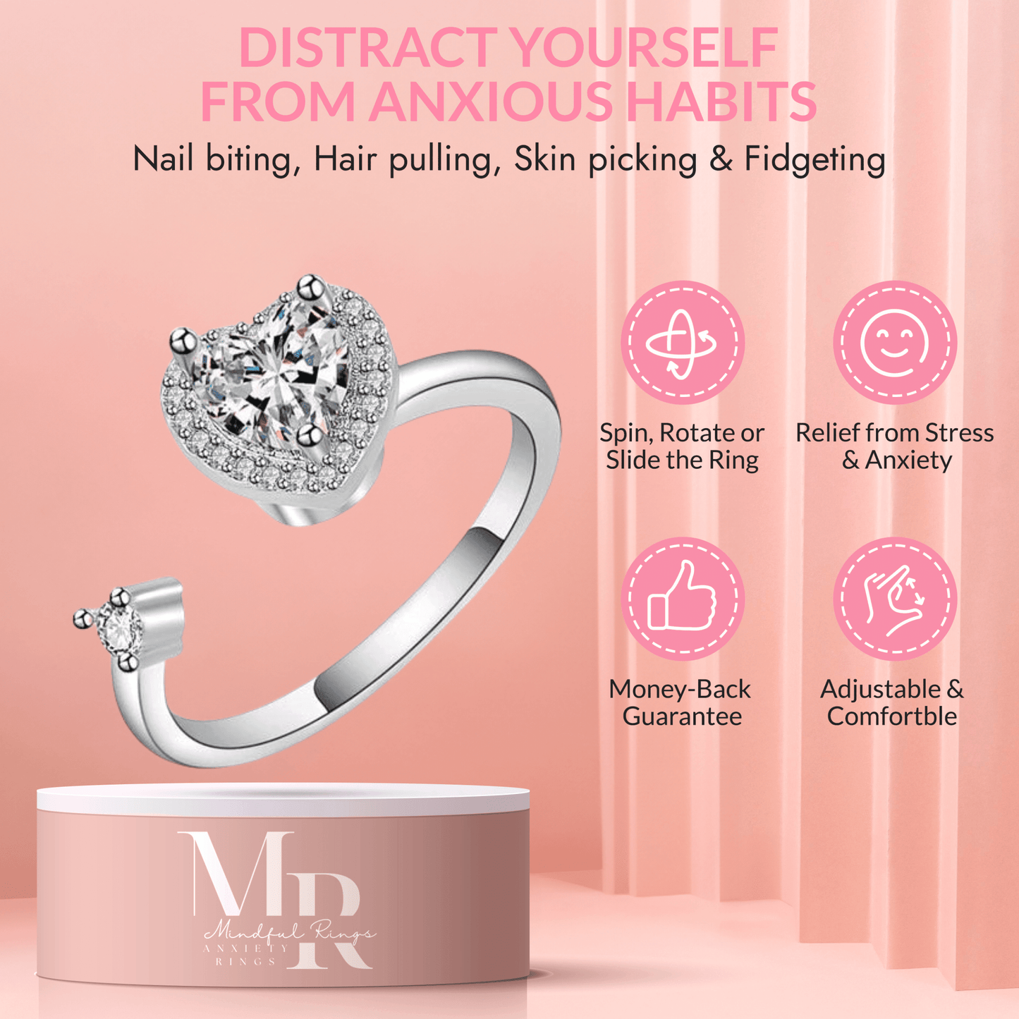The Love-Centered Collection Mindful Rings - Clear Heart Gemmed Fidget Spinner Ring
