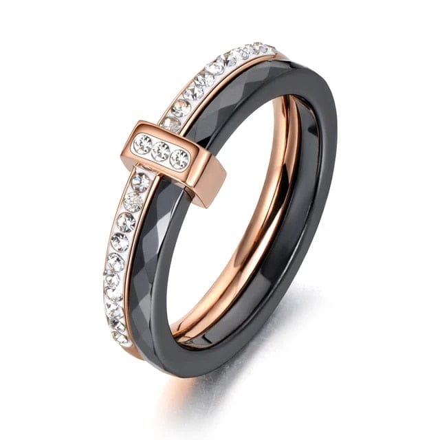 2 Layers Black/Rose Gold Ceramic Cz Clear Gems Ring  -  Spinning Rotating Fidget Anxiety Ring
