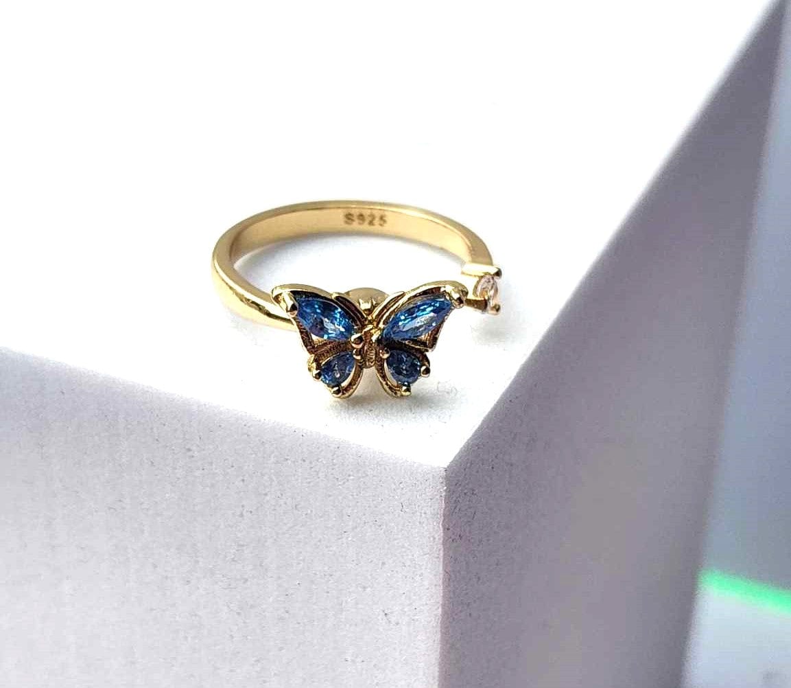 The Wellbeing Collection - Gold Plated Blue Butterfly Fidget Spinner Ring