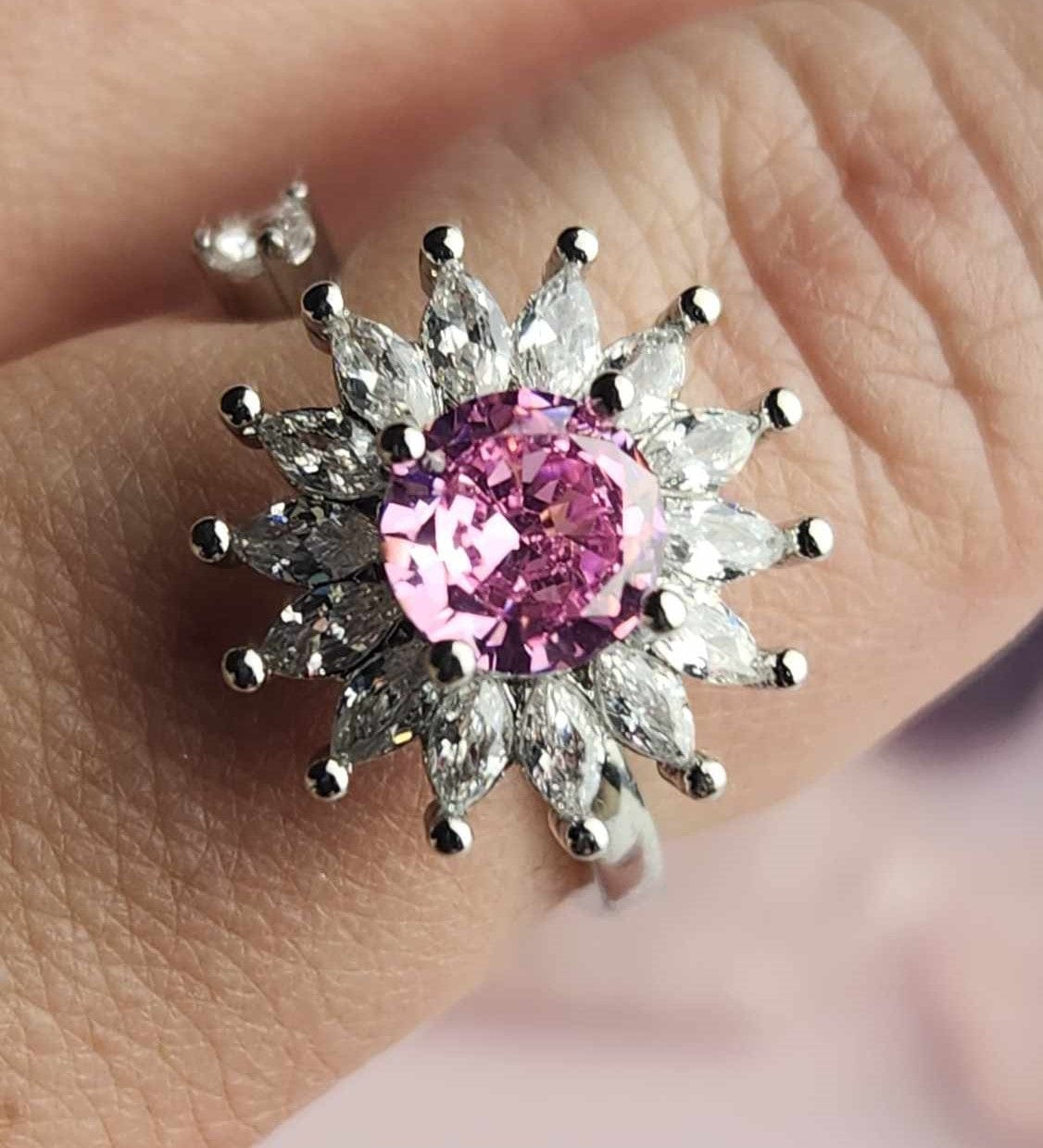 Sterling Silver - Pink Sun Flower Gratitude Fidget Spinner Ring