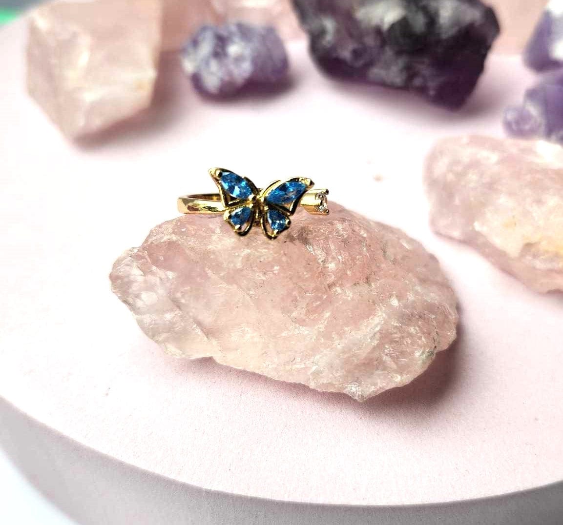 The Wellbeing Collection - Gold Plated Blue Butterfly Fidget Spinner Ring