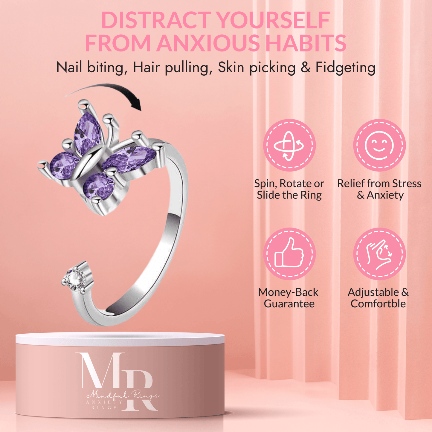 The Awakened Collection Mindful Rings - Sterling Silver Purple Butterfly Fidget Spinner Ring