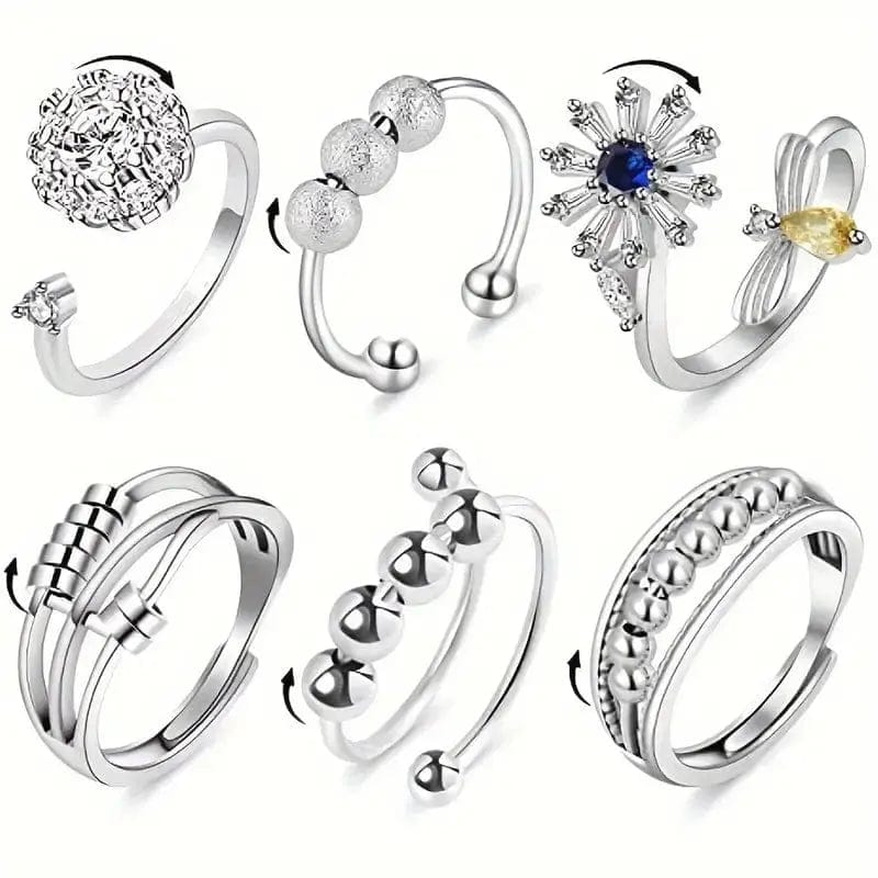 6 Bundle Anxiety Ring Designs Fidget Rings - Spinning & Rotating Anti Anxiety Jewellery - Mindful Rings