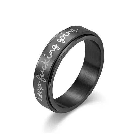 Affirmation Collection Black 8mm Stainless Steel "Keep F**king Going" Laser Etched Spinner Rin - Rotating Anxiety Relief Jewellery - Mindful Rings