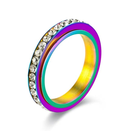 Rainbow Single Line Gem Essential Ring - Rotating Fidget Anxiety Ring - Mindful Rings