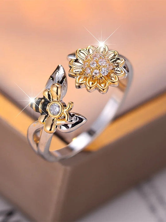 Crystal Collection Classic Bee & Sunflower Ring - Non Moving Jewellery - Mindful Rings