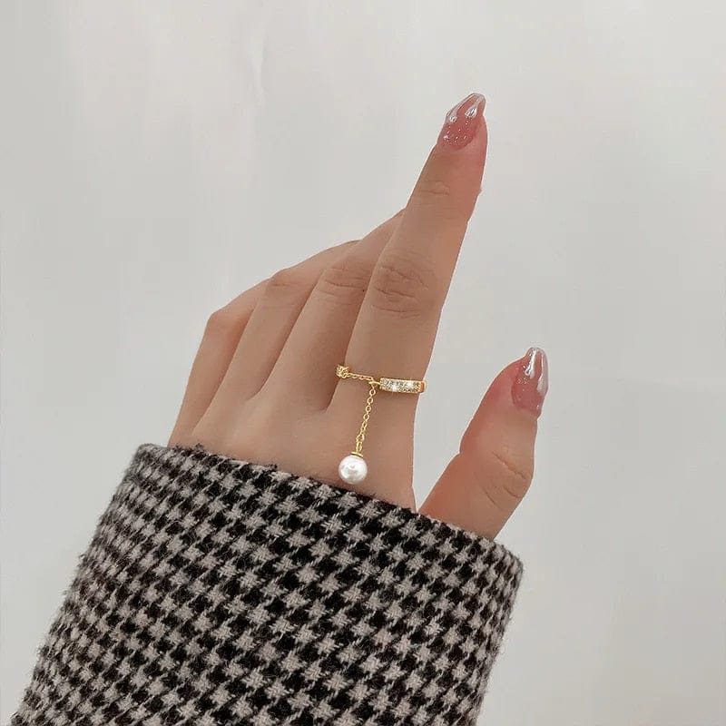 Simulated Pearl Dangle Cz Gem Chain Ring  -  Fidget Anxiety Ring