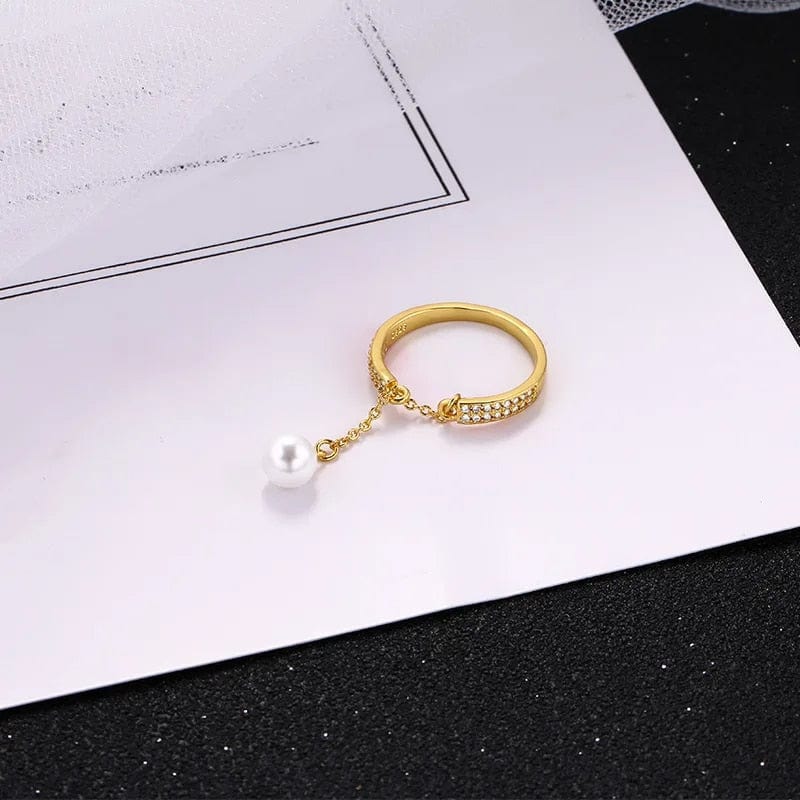 Simulated Pearl Dangle Cz Gem Chain Ring  -  Fidget Anxiety Ring