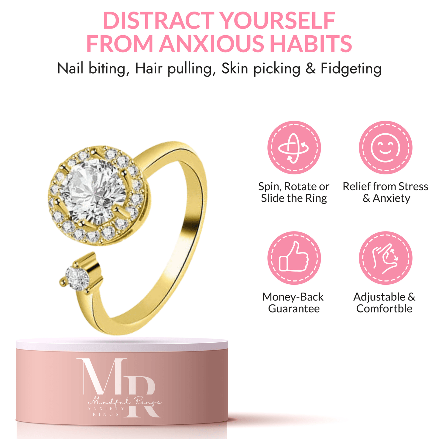 The Enlightened Collection Mindful Rings - Sterling Silver Gold Plated Fidget Spinner Ring