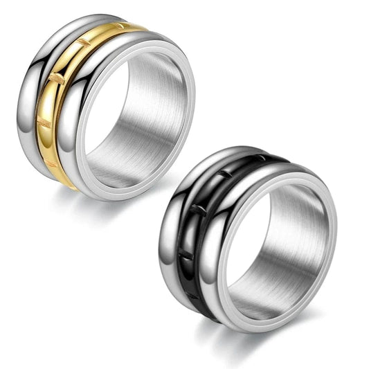 Mens Stainless Steel Gold and Black Spinner Ring - Rotatable Anti Stress Anxiety Ring - Mindful Rings