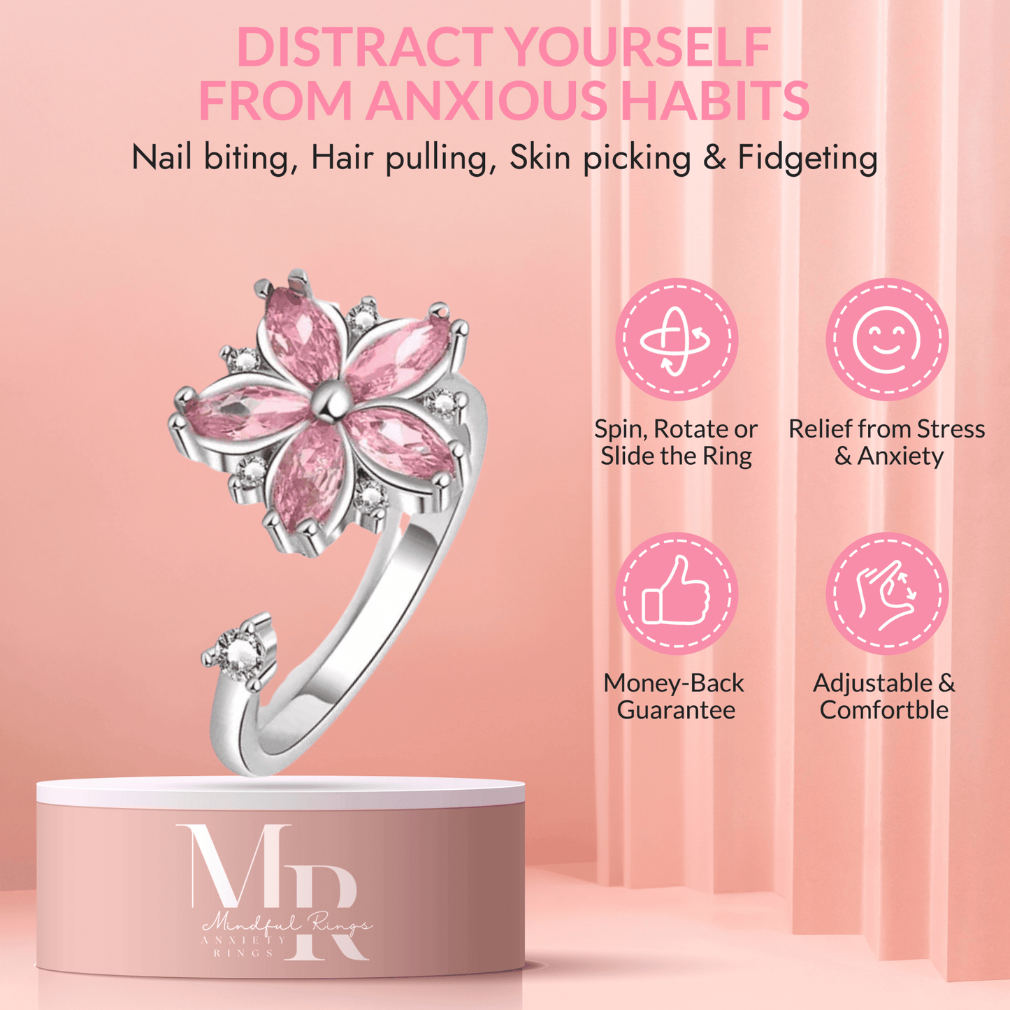 The Breath Collection Mindful Rings - Pink Butterfly Gemmed Fidget Spinner Ring