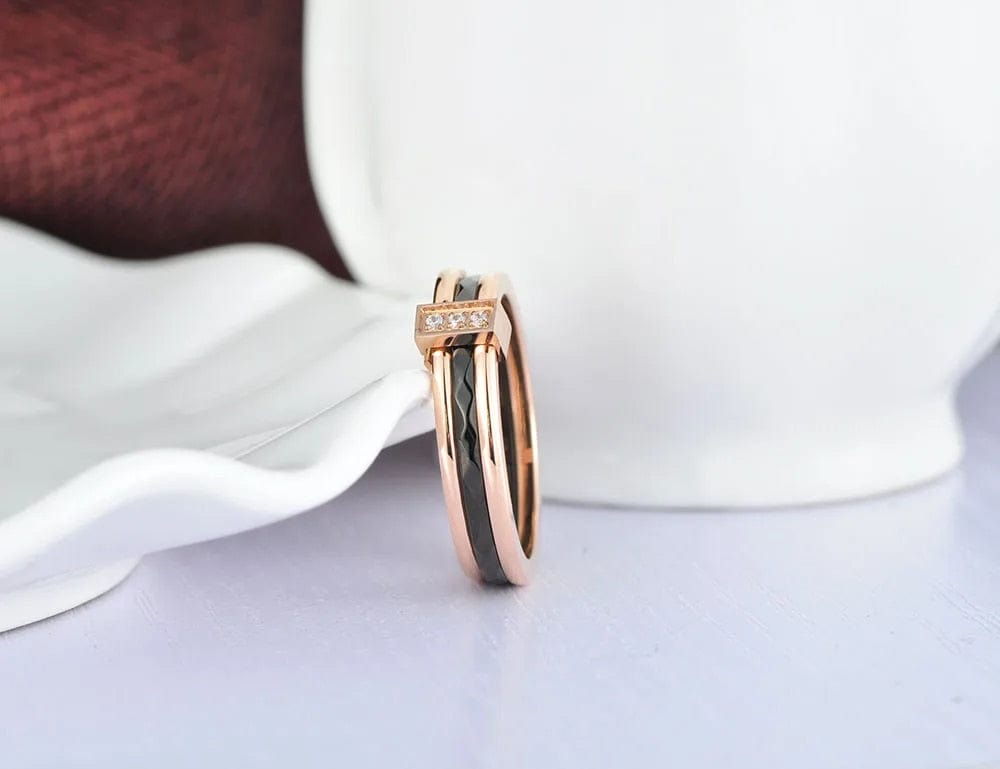 3 Part Rose Gold Stainless Steel Cz Gem Ring - Spinning Anxiety Ring