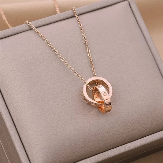 Double Loop Stainless Steel Rose Gold Plated Circle Loop Necklace - Anxiety Relief Jewellery - Mindful Rings