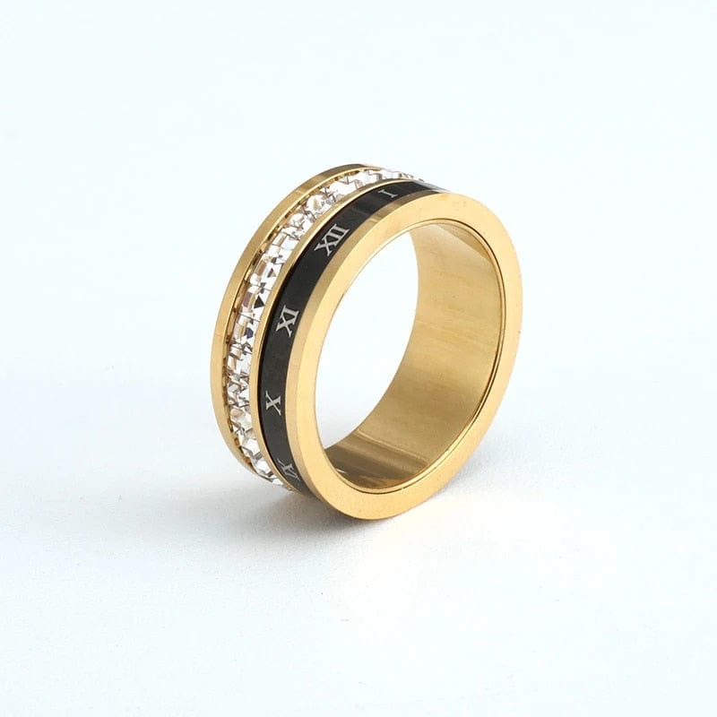 Rotatable Black Roman Numbers Zircon Rings Stainless Steel - Gold Plated