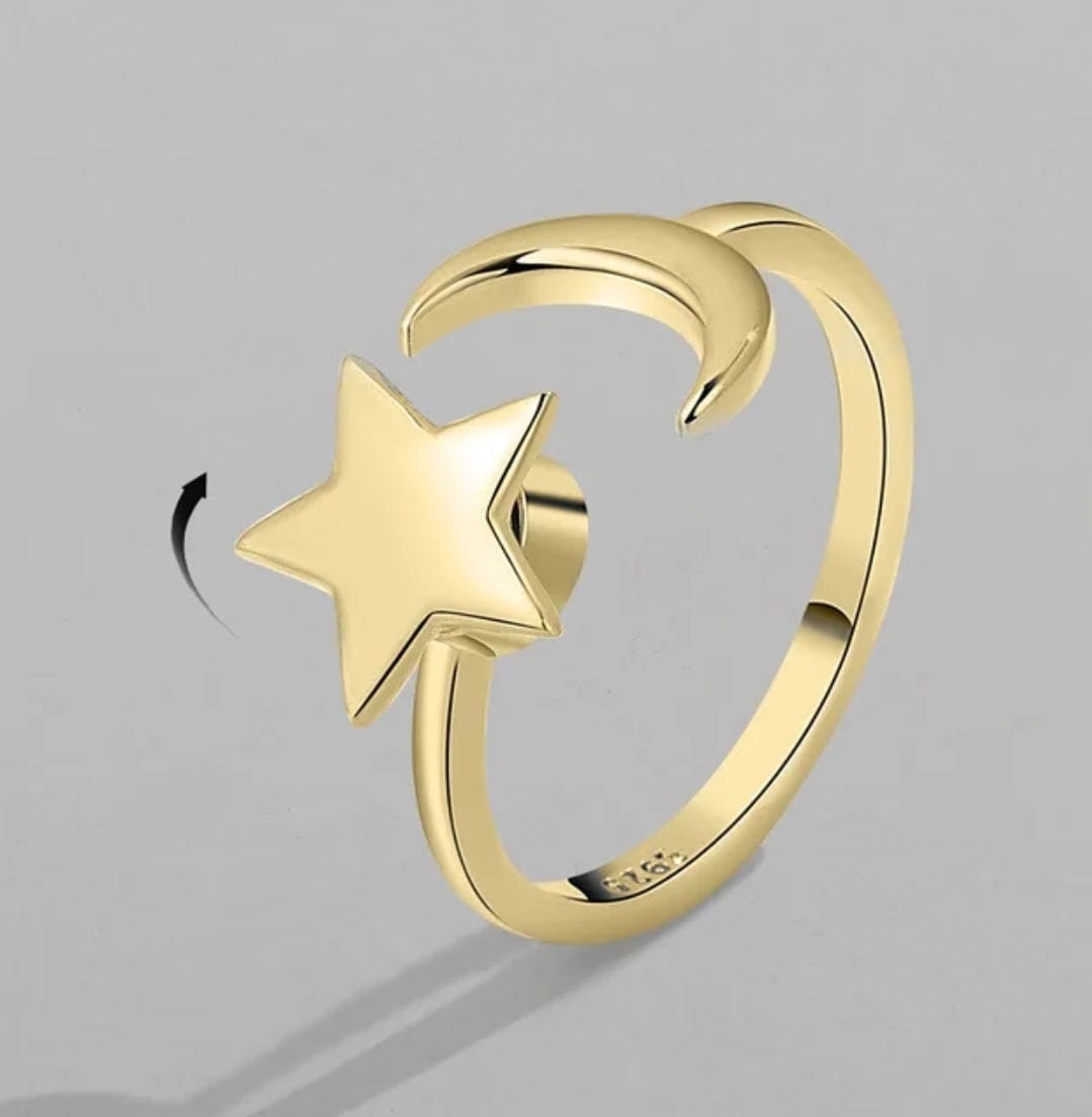 Gold Plated Mindful Anxiety Fidget Star and Moon Ring Silver