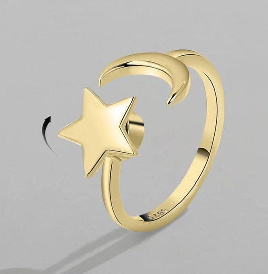 Gold Plated Mindful Anxiety Fidget Star and Moon Ring Silver - Mindful Rings