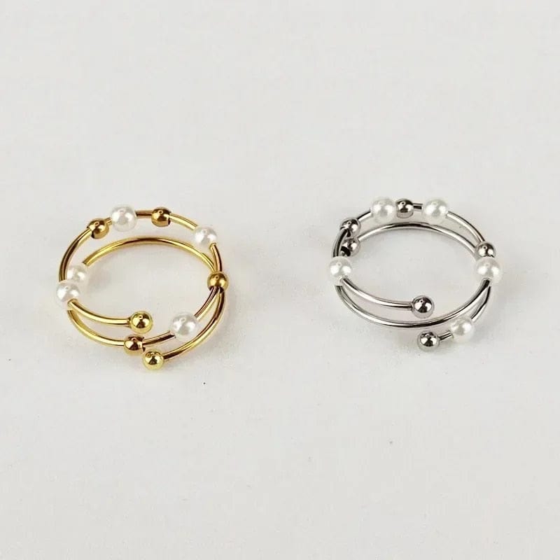 Stainless Steel Bead and Pearl Ring -  Spinning Rotating Fidget Anxiety Ring