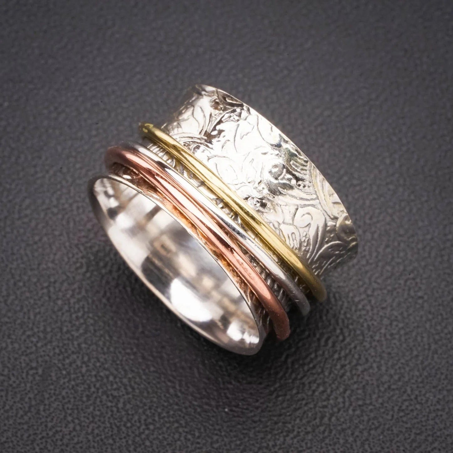 Valiant Meditation Ring - The Mindful Collection Solid .925 Sterling Silver Spinning Three Tones Triple-Layer Handmade 925 Sterling Silver Ring