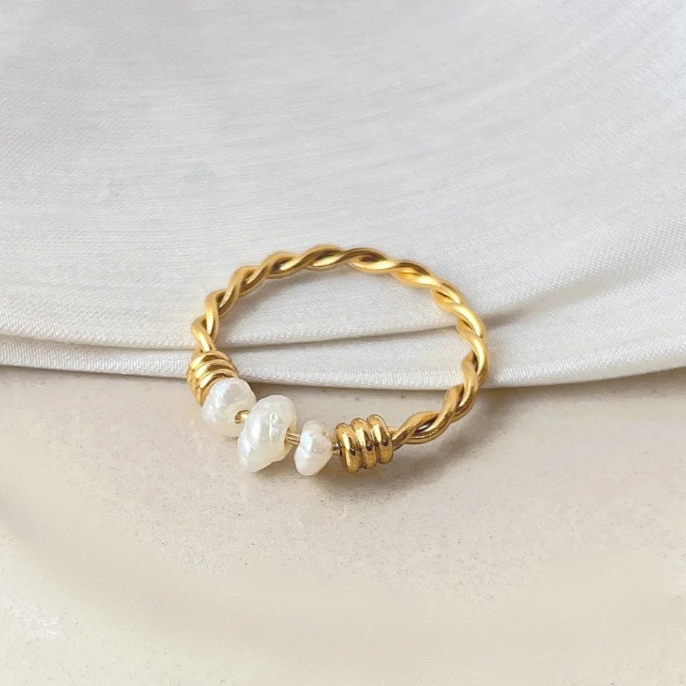 Gold Plated Twist Titanium Steel Natural Freshwater Pearl Ring  -  Spinning Rotating Fidget Anxiety Ring