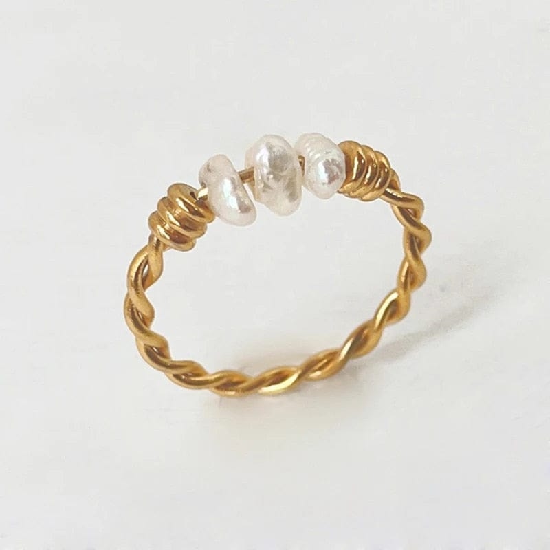 Gold Plated Twist Titanium Steel Natural Freshwater Pearl Ring  -  Spinning Rotating Fidget Anxiety Ring