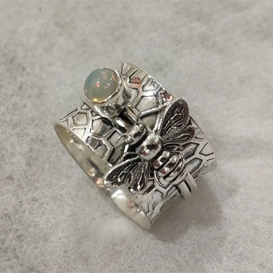 Crystal Collection Vintage Bee White Sapphire Ring - Non Moving Anxiety Relief Jewellery - Mindful Rings