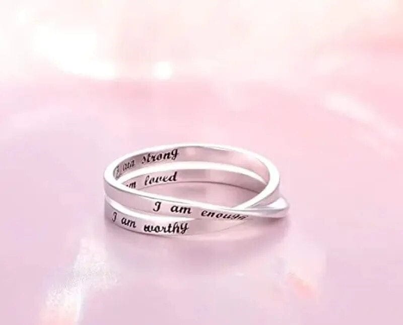 White Gold Plated Inspirational Rings I Am Enough, I am Worthy, I am Strong, I Am Loved - Non Rotating Anxiety Relief Jewellery