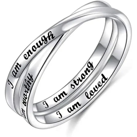 White Gold Plated Inspirational Rings I Am Enough, I am Worthy, I am Strong, I Am Loved - Non Rotating Anxiety Relief Jewellery - Mindful Rings