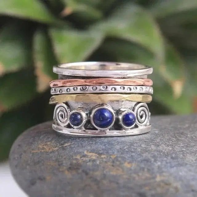 Bohemian Vintage Wide Blue Crystal 3 Tone Ring - Non Moving - Mindful Rings