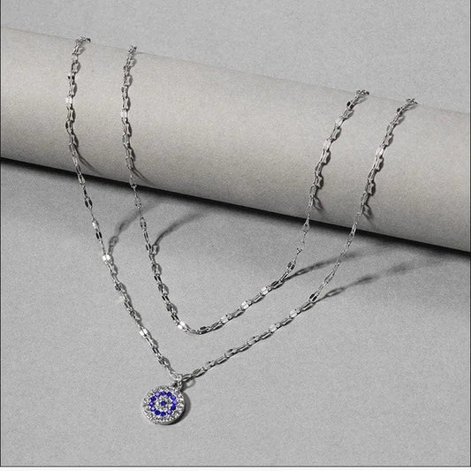 Evil Eye Double Layer Stainless Steel Silver Devils Eye Anxiety Relief Fidget Necklace - Mindful Rings