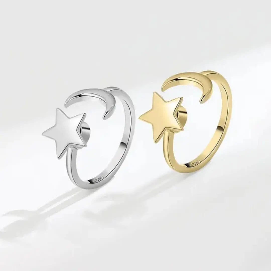 Gold Plated Mindful Fidget Star and Moon Ring Silver - Mindful Rings