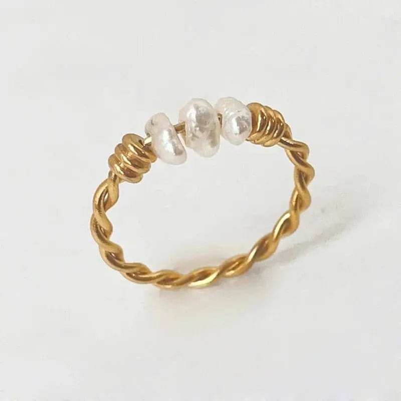 Gold Plated Twist Titanium Steel Natural Freshwater Pearl Ring - Spinning Rotating Fidget Anxiety Ring - Mindful Rings