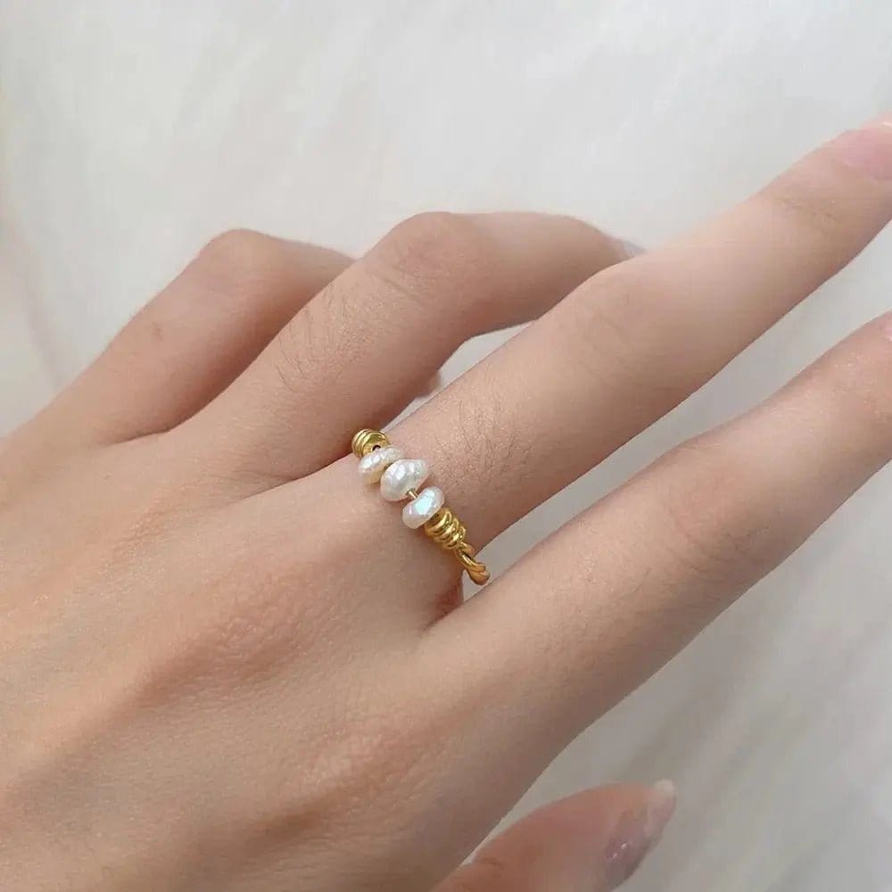 Gold Plated Twist Titanium Steel Natural Freshwater Pearl Ring - Spinning Rotating Fidget Anxiety Ring - Mindful Rings