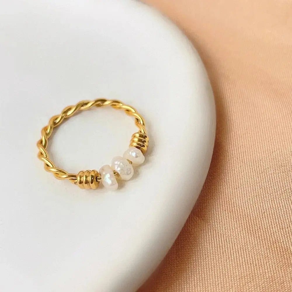 Gold Plated Twist Titanium Steel Natural Freshwater Pearl Ring - Spinning Rotating Fidget Anxiety Ring - Mindful Rings