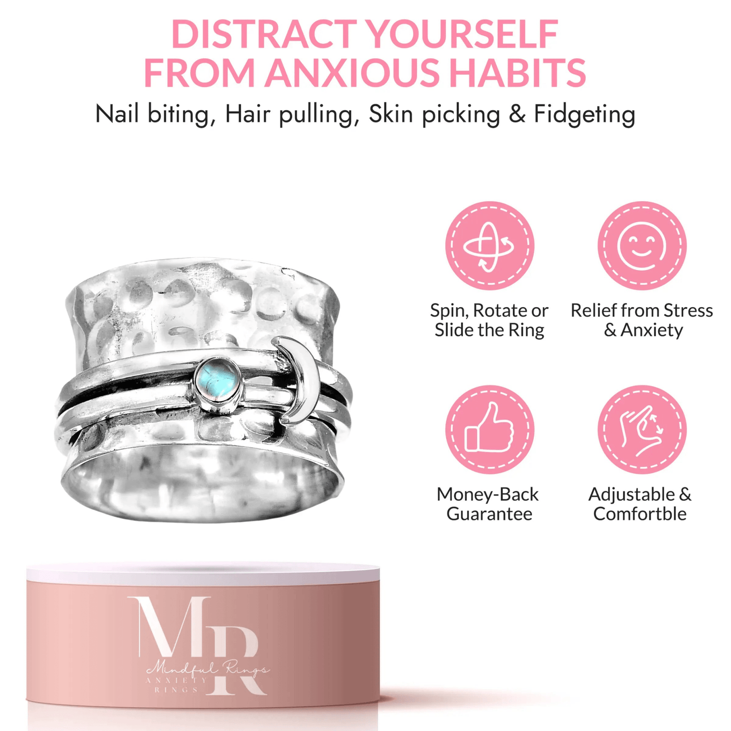 Meditation Spinner Ring - Moon and Stars Fidget Anxiety Ring - Mindful Rings