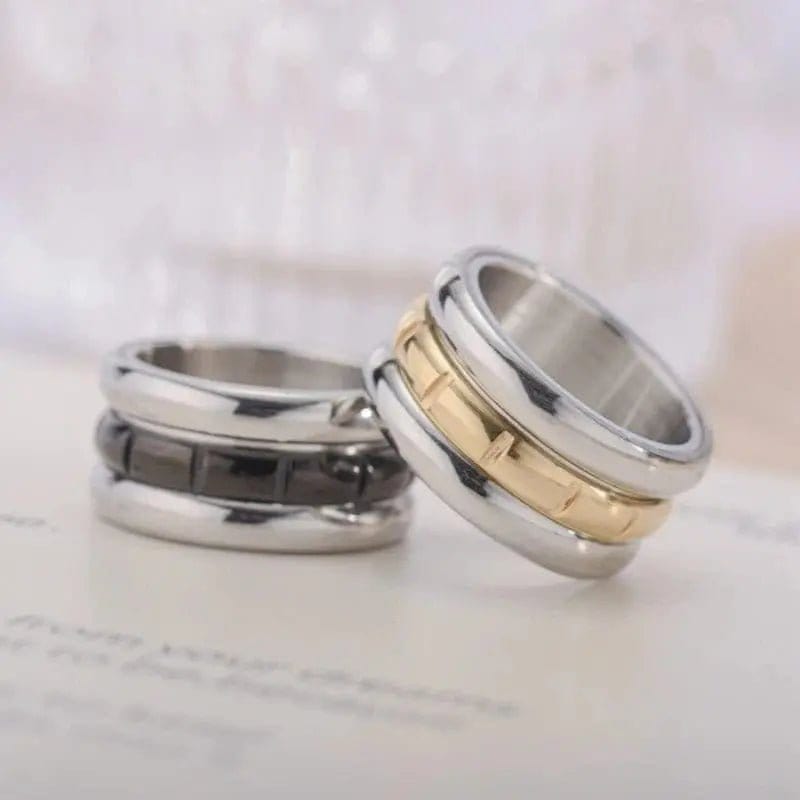 Mens Stainless Steel Gold and Black Spinner Ring - Rotatable Anti Stress Anxiety Ring - Mindful Rings