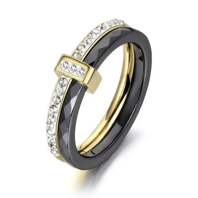 2 Layers Black/Gold Ceramic Cz Clear Gems Ring  -  Spinning Rotating Fidget Anxiety Ring.