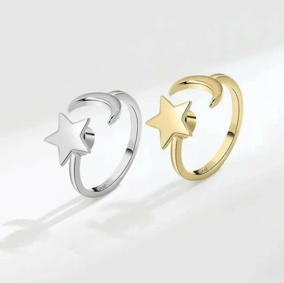 Mindful Rings Anxiety Ring Adjustable Size - One Size Fits All Gold Plated Mindful Fidget Star and Moon Ring Silver