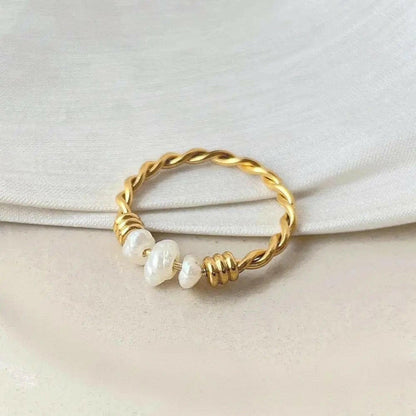 PRE ORDER Gold Plated Twist Titanium Steel Natural Freshwater Pearl Ring  -  Spinning Rotating Fidget Anxiety Ring.