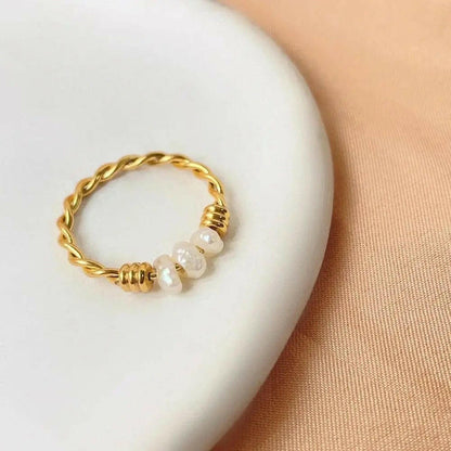 PRE ORDER Gold Plated Twist Titanium Steel Natural Freshwater Pearl Ring  -  Spinning Rotating Fidget Anxiety Ring.