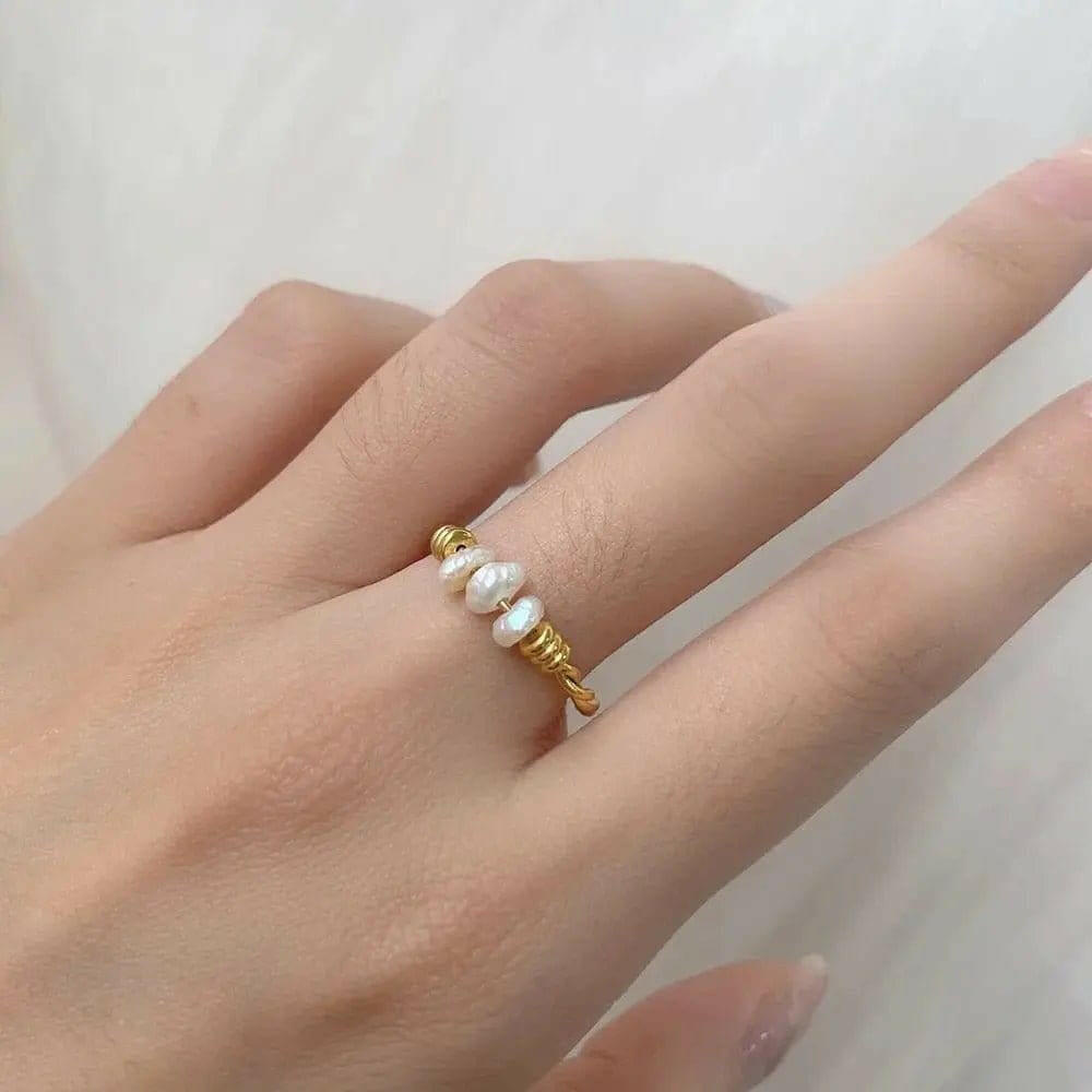 PRE ORDER Gold Plated Twist Titanium Steel Natural Freshwater Pearl Ring  -  Spinning Rotating Fidget Anxiety Ring.