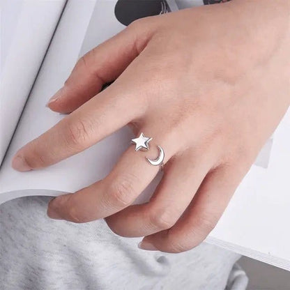 Mindful Rings Anxiety Ring Adjustable Size - One Size Fits All Mindful Anxiety Fidget Star and Moon Ring Silver