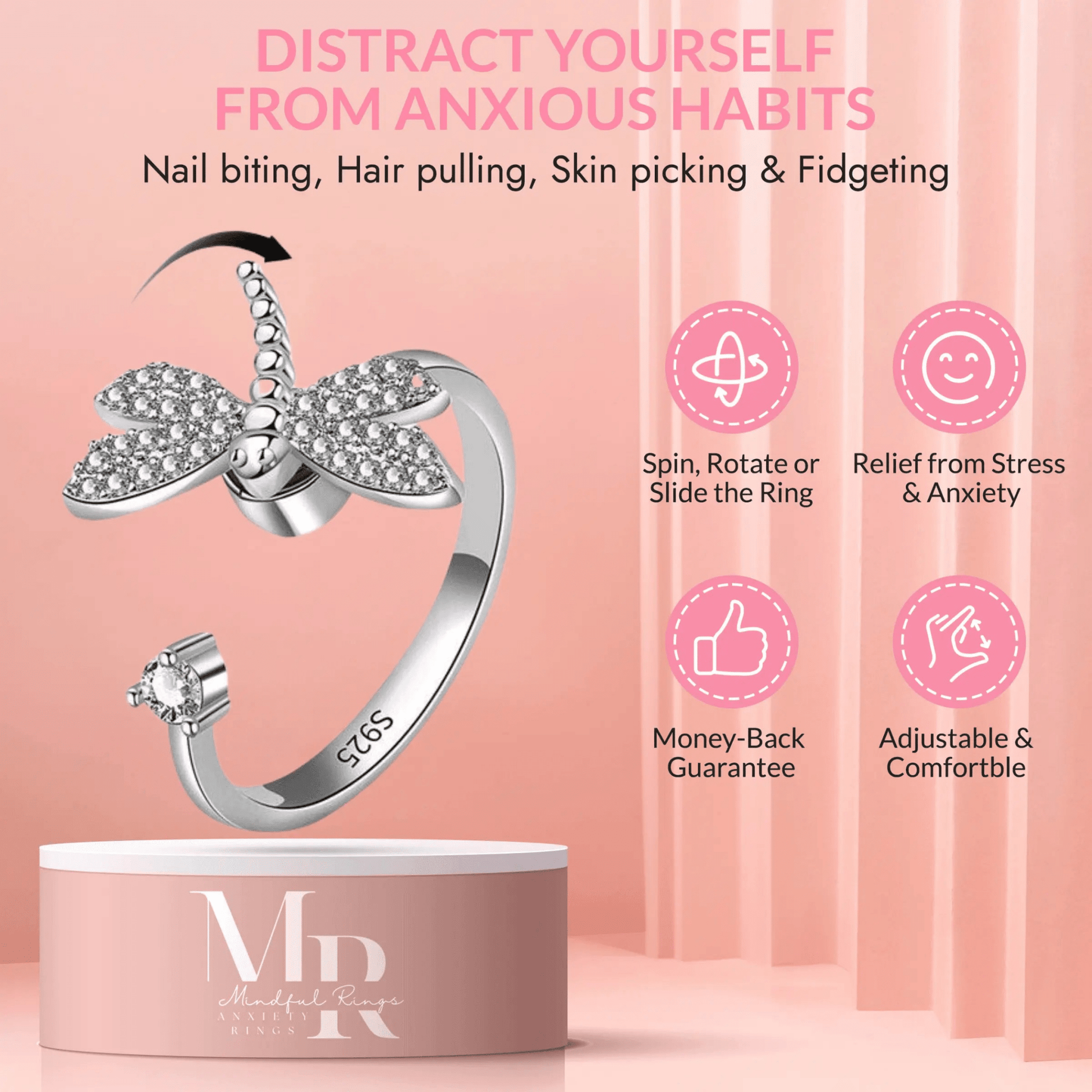 Mindful Rings Anxiety Ring Adjustable Size - One Size Fits All Mindful Rings - Dragonfly Stillness Fidget Spinner Ring