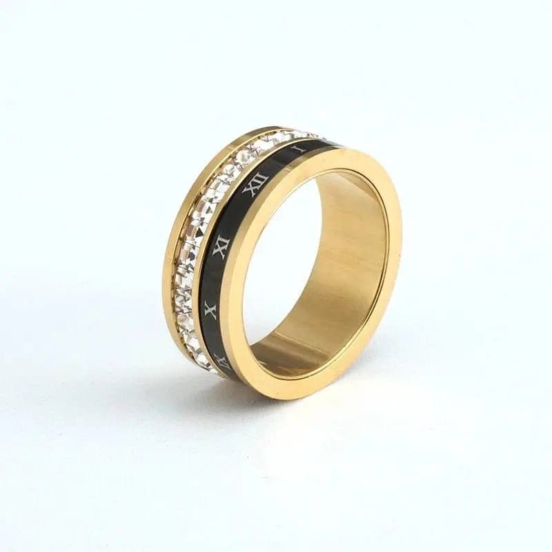 Rotatable Black Roman Numbers Zircon Rings Stainless Steel - Gold Plated.