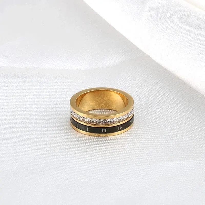 Rotatable Black Roman Numbers Zircon Rings Stainless Steel - Gold Plated.