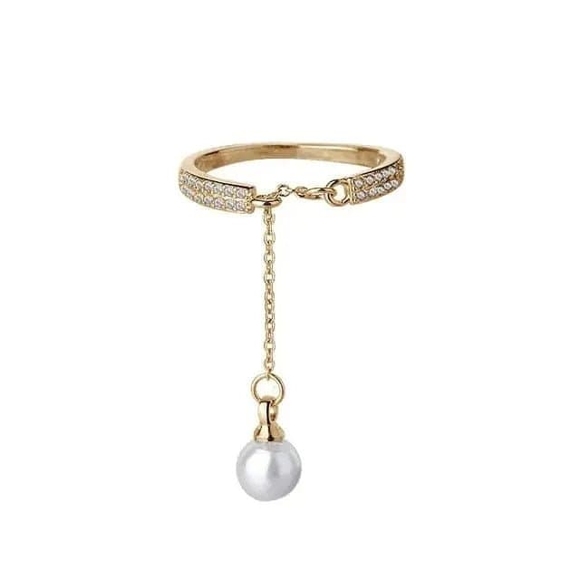 Mindful Rings Anxiety Ring Simulated Pearl Dangle Cz Gem Chain Ring  -  Fidget Anxiety Ring