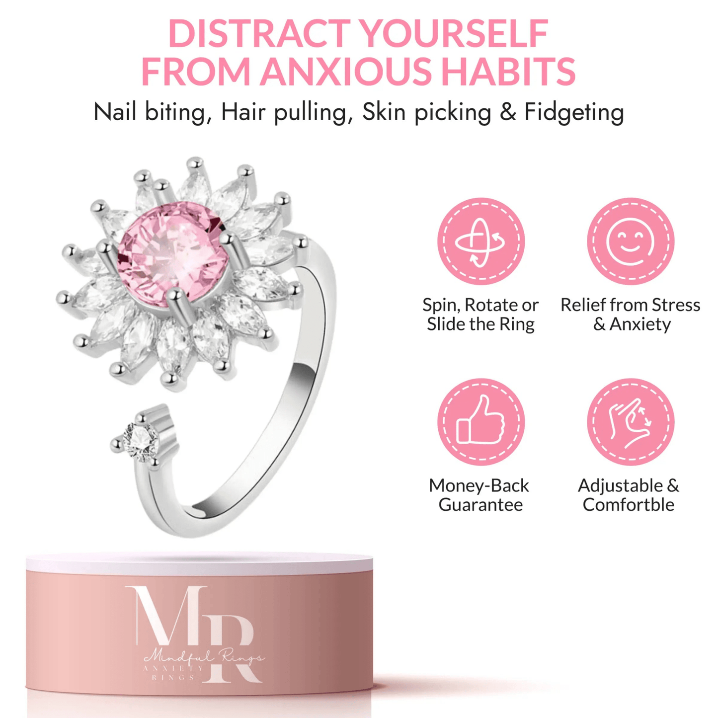 Mindful Rings Anxiety Ring Adjustable Size - One Size Fits All Sterling Silver - Pink Sun Flower Gratitude Fidget Spinner Ring