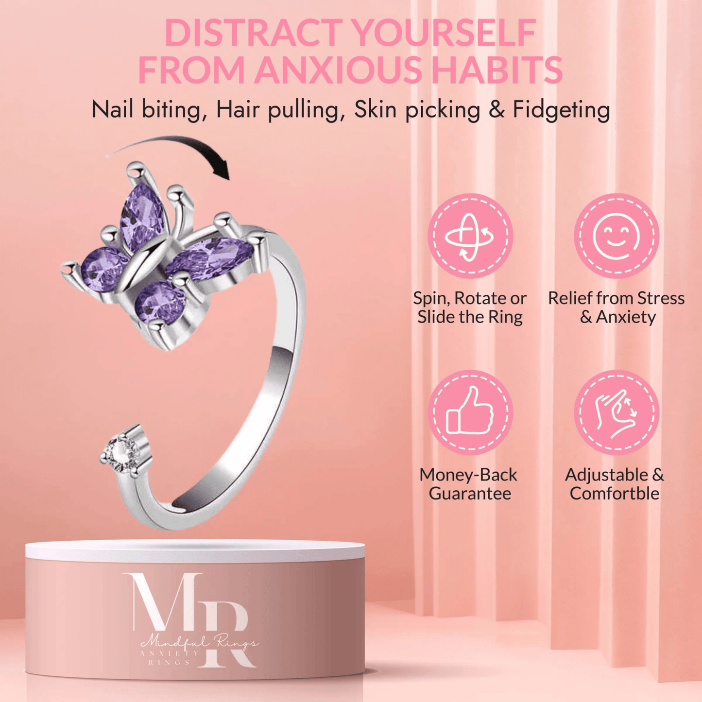 Mindful Rings Anxiety Ring Adjustable Size - One Size The Awakened Collection Mindful Rings - Purple Butterfly Fidget Spinner Ring