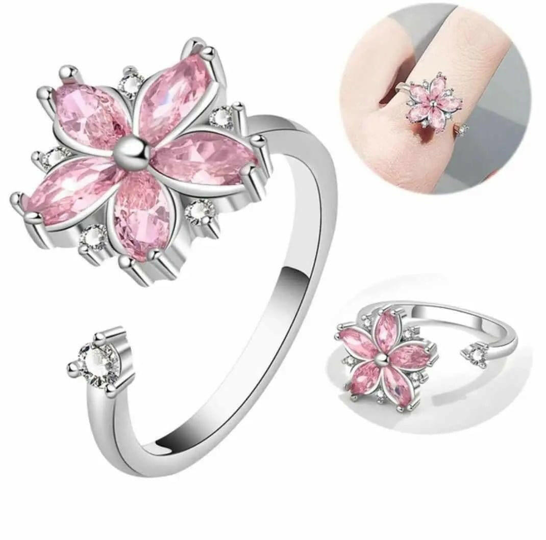 Mindful Rings Anxiety Ring Adjustable Size - One Size Fits All The Breath Collection Mindful Rings - Pink Flower Fidget Spinner Ring