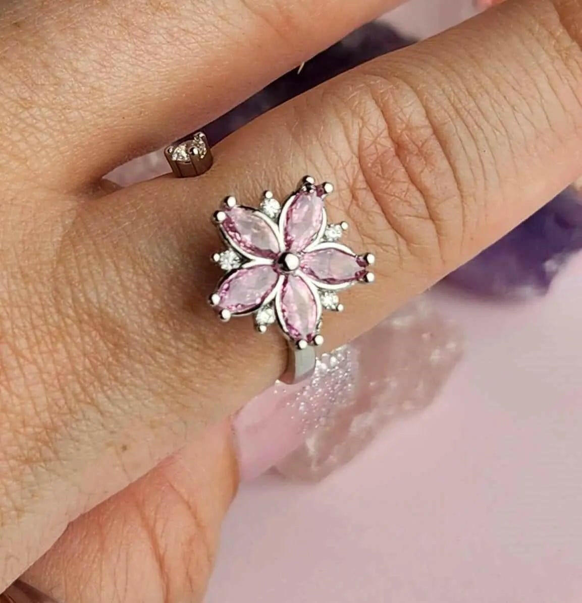 Mindful Rings Anxiety Ring Adjustable Size - One Size Fits All The Breath Collection Mindful Rings - Pink Flower Fidget Spinner Ring